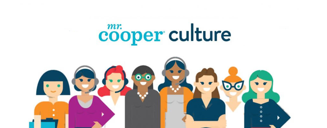 Graphic with diverse group of women mortgage employees and text: Mr. Cooper culture