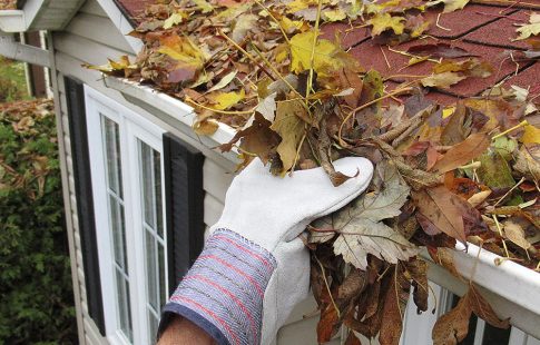 A homeowner cleans a gutter full of leaves