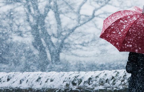 Woman walking with an umbrella in a snowstorm