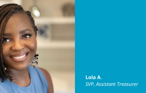 Photo of Lola A. next to a blue box with a Great Place To Work Certified logo in it and this text: Lola A., SVP, Assistant Treasurer