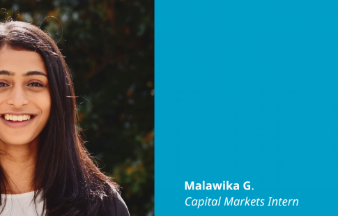 Photo of Malawika G. next to a blue box with a Great Place to Work Certified logo in it and text: Malawika G., Capital Markets Intern