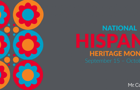 Dark gray box with colorful, graphic flower designs, the Mr. Cooper Group logo, and text: National Hispanic Heritage Month, September 15-October 15