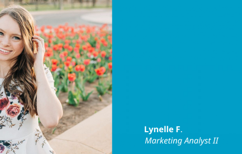 Photo of Lynelle F. next to a blue box with a Great Place To Work Certified logo in it and text: Lynelle F., Marketing Analyst II