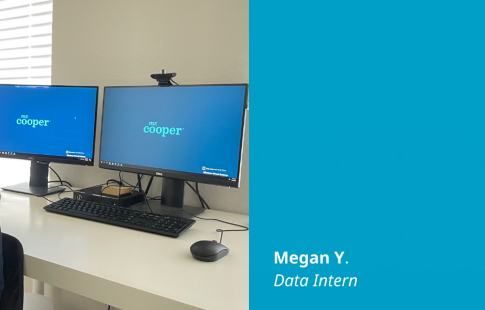 Photo of Megan Yiu in a home office next to a blue box with a Great Place To Work Certified logo and text: Megan Y., Data Intern.