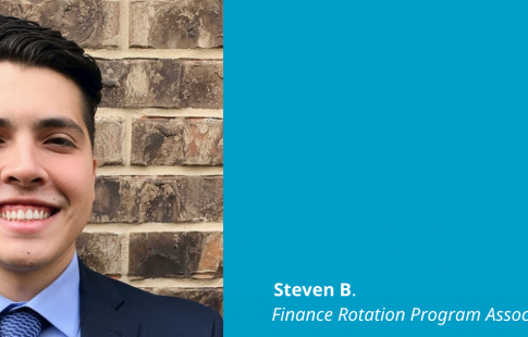 Photo of Steven B. next to a blue box with a Great Place To Work Certified logo in it and text: Steven B., Finance Rotation Program Associate