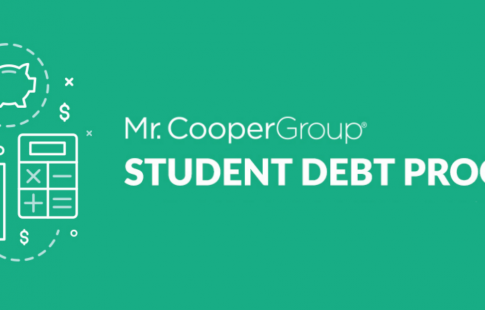 Graphic with icons including a piggy bank, graduation cap, diploma, a calculator, and text: Mr. Cooper Group, Student Debt Program