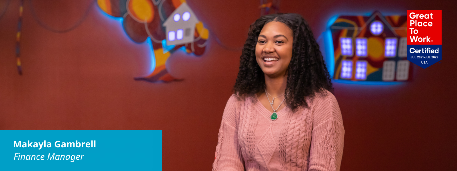 Makayla discussing Black History Month. There's a Great Place to Work logo in the upper right corner of her picture and text in a blue box in the lower left corner: Makayla Gambrell, Finance Manager