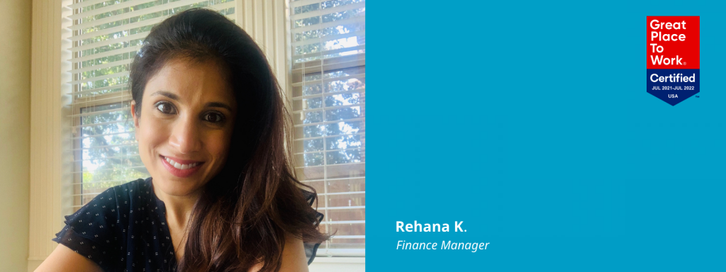Photo of Rehana next to a blue box with a Great Place To Work Certified logo in it and text: Rehana K., Finance Manager