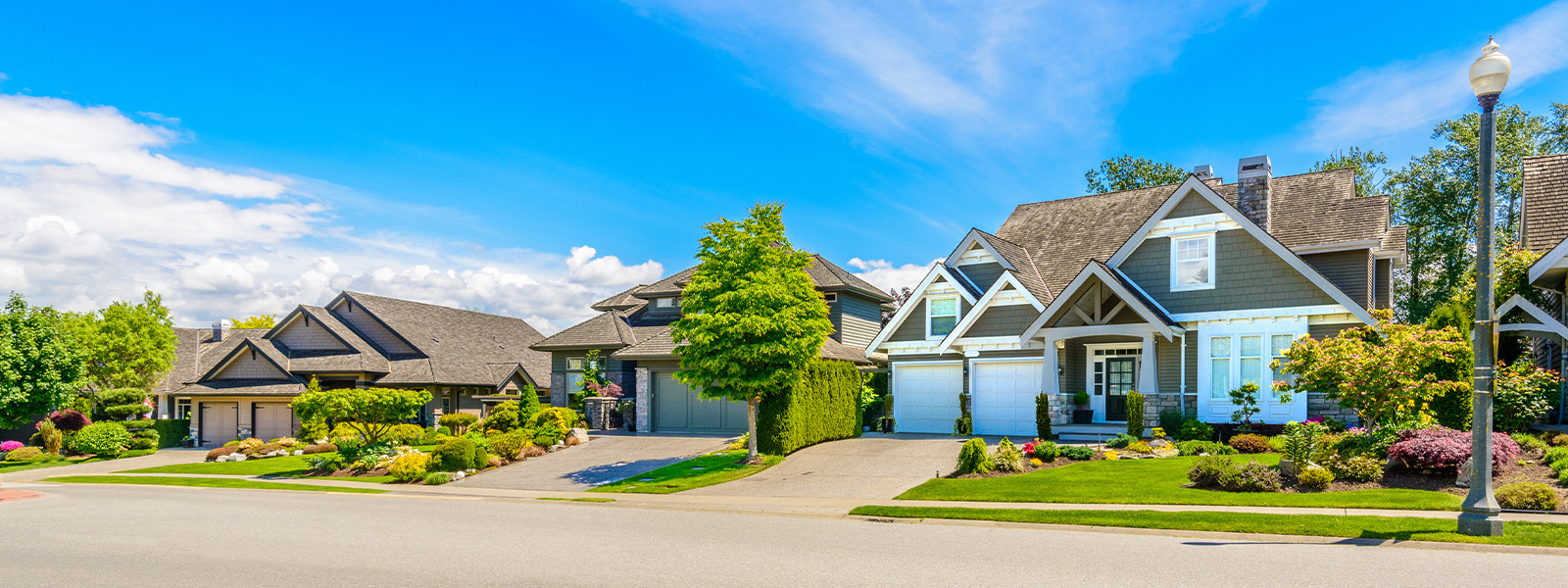 Row of homes with well-manicured front yards. This is the featured image for the blog "Credit Scores Rise: 6 Benefits of Good Credit When Buying a House or Refinancing."