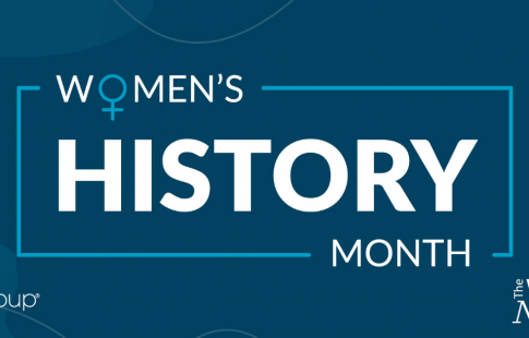 Blue box with text: Women's History Month. It has the Mr. Cooper Group logo in one bottom corner and a logo for Mr. Cooper's employee group The Women's Network in the other.