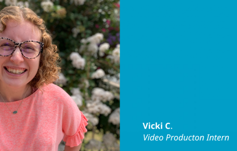 Photo of Vicki C. next to a blue box that has a Great Place To Work Certified logo in it (it also says Jul 2021-Jul 2022 USA) and text: [VICKI C., Video Production]