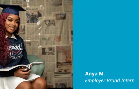 Graphic that inclues a photo of Anya M. next to a blue graphical box with text: "Anya M. Employer Brand Intern." The box has a "Great Place To Work Certified" logo in its top right corner for July 2021-July 2022 in the USA.