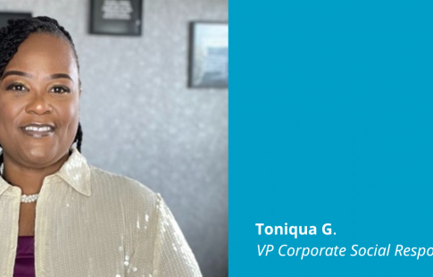 Graphic that inclues a photo of Toniqua G. next to a blue graphical box with text: "Toniqua G. VP Corporate Social Responsibility." The box has a "Great Place To Work Certified" logo in its top right corner for July 2021-July 2022 in the USA.